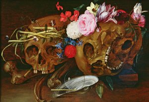 Vanitas Natura morta con teschi, fiori, una conchiglia di perla, una bolla e una paglia